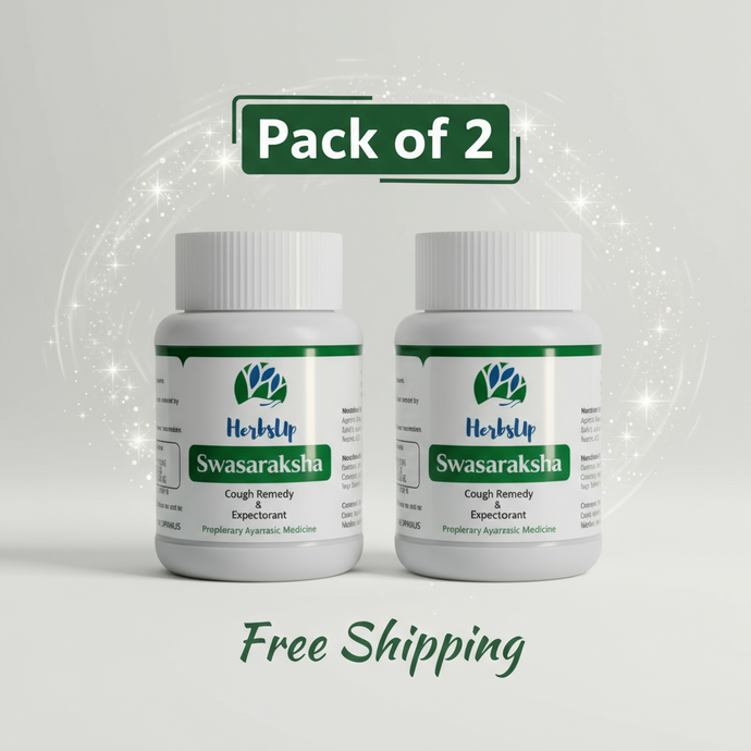 Herbal supplement bottle labeled 'Swasaraksha' on a gray background