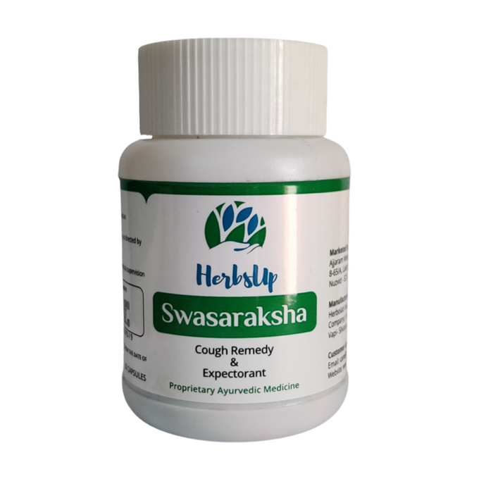 HerbsUp Swasaraksha helps in all kinds of cough - Dry Cough, Productive Cough and helps in expectoration of phlegm. It helps in respiratory wellness, thinning bronchial secretions and improving sluggish lungs.